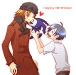  ^_^ ahoge aragaki_shinjirou beanie birthday blue_hair brown_hair closed_eyes english happy_birthday hat jack_frost multiple_boys persona persona_3 san_toma sweatdrop yuuki_makoto 