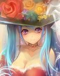  aqua_eyes aqua_hair breasts choker cleavage collarbone earrings flower hat hatsune_miku highres jewelry large_breasts long_hair necklace orange_flower orange_rose red_flower red_rose rose sheska_xue smile solo twintails upper_body vocaloid 