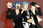  akagi_(pokemon) aogiri_(pokemon) bandana black_hair fedora hat male_focus matsubusa_(pokemon) multiple_boys pokemon sakaki_(pokemon) scarf team_aqua team_galactic team_magma team_rocket 