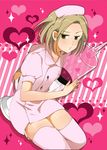  axis_powers_hetalia blonde_hair blush crossdressing garter_straps green_eyes hat heart large_syringe male_focus masaki_(celesta) nurse nurse_cap otoko_no_ko oversized_object pink poland_(hetalia) solo syringe thighhighs white_legwear zettai_ryouiki 