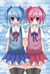  alternate_costume bad_id bad_pixiv_id black_legwear blouse blue_eyes blue_hair blush cirno fang fujisaki_kaon hair_ribbon highres miniskirt multiple_girls pink_eyes pink_hair pleated_skirt polar_opposites ribbon school_uniform short_hair short_twintails siblings skirt smile standing sweater_vest symmetry thigh_gap thighhighs touhou twins twintails wings 