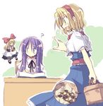  ? alice_margatroid basket blonde_hair book checkerboard_cookie commentary_request cookie cross-section duplicate food green_eyes long_hair multiple_girls open_mouth patchouli_knowledge purple_hair satou_kibi shanghai_doll touhou white_background 