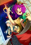  aerial_fireworks bad_id bad_pixiv_id blue_hair calligraphy_brush chagen_kokimu fireworks flower hair_ornament hands hat hieda_no_akyuu ink japanese_clothes kamishirasawa_keine long_hair multiple_girls paintbrush purple_eyes purple_hair red_eyes scroll short_hair touhou 