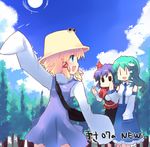  blonde_hair blue_eyes detached_sleeves eyes frog green_hair hair_ornament hat kochiya_sanae long_hair moriya_suwako multiple_girls purple_hair shin_(new) short_hair snake touhou yasaka_kanako 