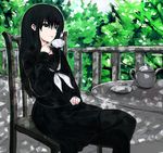  black_eyes black_hair chair cup day hagoromo_gitsune jyairo long_hair nurarihyon_no_mago outdoors pantyhose school_uniform sitting solo tea 