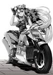  :o bad_id bad_pixiv_id dress flower gloves goggles goggles_on_head greyscale ground_vehicle hair_flower hair_ornament legs long_hair monochrome motor_vehicle motorcycle original sitting solo very_long_hair yuu_(yuyukaikan) 