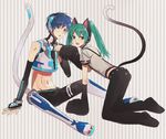  1girl all_fours animal_ears blue_eyes blue_hair cat_ears cat_paws cat_tail green_eyes green_hair hatsune_miku kaito long_hair looking_back midriff neko_cyber_(module) nyan_ko_(module) open_mouth paws project_diva project_diva_(series) project_diva_2nd sitting suspenders tail twintails vocaloid 