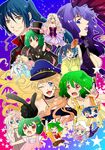  2girls \m/ blonde_hair blue_eyes blue_hair blush breasts chibi cleavage closed_eyes dress fan fang gen_(enji) green_hair hat japanese_clothes kimono long_hair macross macross_frontier macross_frontier:_itsuwari_no_utahime medium_breasts multiple_girls multiple_persona necktie one_eye_closed open_mouth pointing ponytail purple_hair ranka_lee red_eyes saotome_alto school_uniform sheryl_nome short_hair smile star yellow_eyes younger 