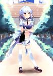  blue_eyes braid crossed_arms izayoi_sakuya legs maid maid_headdress midriff shin_(new) short_hair silver_hair solo thighhighs touhou twin_braids zettai_ryouiki 