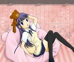  daisy_(working!!) hiroaikawa long_hair purple_eyes purple_hair stuffed_animal stuffed_toy teddy_bear thighhighs working!! yamada_aoi 