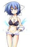  between_breasts bikini black_bikini blue_eyes blue_hair bow breasts cleavage food front-tie_top hair_bow hemogurobin_a1c jitome large_breasts mai_(touhou) mouth_hold navel open_clothes pocky short_hair solo swimsuit touhou touhou_(pc-98) wings 