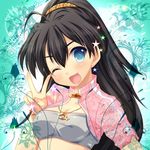  :3 black_hair blue_eyes duplicate ganaha_hibiki idolmaster idolmaster_(classic) idolmaster_2 jacket long_hair mitsumomo_mamu one_eye_closed ponytail solo v 