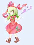  bow dress frills front_ponytail green_hair hair_ribbon highres kagiyama_hina long_hair ribbon shachou solo touhou walking yellow_eyes 