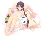  ahoge arima_senne bad_id bad_pixiv_id bra breasts brown_hair cleavage doll earrings frills gathers glasses highres jewelry kashiwamochi_yomogi lace legs lingerie medium_breasts original panties red_eyes solo stuffed_animal stuffed_toy underwear 