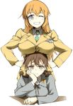  bad_id bad_pixiv_id blue_eyes breast_rest breasts breasts_on_head brown_eyes brown_hair charlotte_e_yeager gertrud_barkhorn kisetsu large_breasts multiple_girls one_eye_closed orange_hair smile strike_witches twintails uniform world_witches_series 