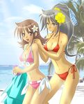  beach bikini black_eyes black_hair brown_eyes brown_hair day flower front-tie_top hibiscus light_rays long_hair lowres multiple_girls namine_mahana photo_background plumeria ponytail short_hair side-tie_bikini sunbeam sunlight swimsuit 