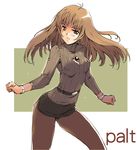  belt brown brown_eyes brown_hair clenched_hands commentary_request earrings jewelry miniskirt moriguchi_nao_(naonao) original outstretched_wrists pantyhose pencil_skirt skirt solo sweater 
