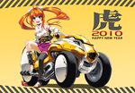  2010 all-terrain_vehicle anklet antenna_hair aqua_eyes barefoot black_legwear chinese_zodiac detached_sleeves feet fukukitaru fur ground_vehicle japanese_clothes jewelry kimono leg_up legs long_hair mismatched_legwear motor_vehicle motorcycle new_year orange_hair original reverse_trike sandals shoes short_twintails single_shoe single_thighhigh sitting skirt solo thighhighs three-wheeler toeless_legwear toes twintails year_of_the_tiger 