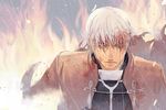  archer blood blood_on_face dark_skin dark_skinned_male fate/stay_night fate_(series) fire koto_eri male_focus serious solo white_hair 