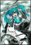  detached_sleeves green_eyes green_hair hatsune_miku koi_wa_sensou_(vocaloid) long_hair namekuji necktie skirt solo thighhighs twintails very_long_hair vocaloid 