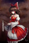  adapted_costume alternate_costume bad_id bad_pixiv_id bare_shoulders bow brown_hair bryanth detached_sleeves gohei hair_bow hakurei_reimu highres long_skirt looking_at_viewer red_eyes red_skirt short_hair skirt solo standing touhou 