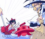  blonde_hair broom curling gohei hakurei_reimu hat kansuke_(bubuduke) kirisame_marisa lowres multiple_girls touhou ufo witch_hat 