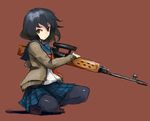  black_hair brown_eyes cardigan dragunov_svd gun kasa left-handed original pantyhose plaid plaid_skirt rifle school_uniform serafuku short_hair skirt sniper_rifle solo squatting weapon 