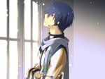 blue_eyes blue_hair blue_scarf headset indoors kaito looking_out_window male_focus scarf shirotsugu solo vocaloid window 