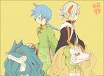  a-tur alternate_hairstyle blue_eyes blue_hair breath_of_fire breath_of_fire_iv chinese_clothes fou-lu ktg long_hair male_focus multiple_boys ponytail ryuu_(breath_of_fire_iv) white_hair won-qu 