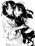  cheek-to-cheek cheek_squash greyscale highres hug ikuwataru_nagomi japanese_clothes kara_no_kyoukai kimono long_hair monochrome mother_and_daughter multiple_girls ryougi_mana ryougi_shiki short_hair sketch smile thighhighs 