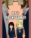  akiyama_mio bad_id bad_pixiv_id black_hair blazer blonde_hair blue_eyes blush brown_hair engrish food hirasawa_yui jacket k-on! kotobuki_tsumugi long_hair meno mouth_hold multiple_girls o_o pocky pocky_kiss ranguage school_uniform shared_food short_hair tainaka_ritsu yuri yurijoshi 