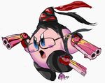  armband bayonetta bayonetta_(character) bayonetta_(character)_(cosplay) black_hair blue_eyes blush copy_ability cosplay dual_wielding gun hat holding kirby kirby_(series) long_hair no_humans open_mouth ponytail sketch solo super_smash_bros. triple-q weapon 