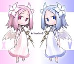  angel_wings ar_tonelico ar_tonelico_iii asymmetrical_wings blue_eyes blue_hair chibi dress dual_persona flower hair_flower hair_ornament harvestasya_vista harvestasya_xp kugelschreiber md5_mismatch mechanical_wings multiple_girls pink_eyes pink_hair short_hair wings 