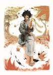  absurdres barefoot black_hair dougi fighting_stance forest highres ikeno_daigo japanese_clothes leaf makoto_(street_fighter) maple_leaf nature official_art short_hair solo street_fighter 