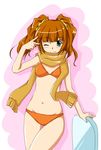  bikini brown_hair green_eyes idolmaster idolmaster_(classic) kawasumi_neko kickboard long_hair one_eye_closed scarf solo swimsuit takatsuki_yayoi twintails 