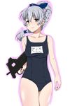  braid full_metal_panic! gun highres one-piece_swimsuit ribonzu school_swimsuit silver_hair single_braid solo swimsuit teletha_testarossa translation_request weapon 