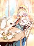  alice_margatroid bad_id bad_pixiv_id chair checkerboard_cookie closed_eyes cookie curtains food indoors macaron open_mouth shain_roki sitting solo table tea touhou window 