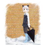  animal_ears bad_id bad_pixiv_id black_legwear brick cat_ears closed_umbrella green_eyes military military_uniform mizuzono necktie pantyhose sanya_v_litvyak short_hair silver_hair snow solo strike_witches tail umbrella uniform world_witches_series 