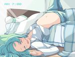  aqua_eyes aqua_hair bed clock clockshow hatsune_miku long_hair lying masuneko midriff navel open_mouth pajamas panties saliva sleepy solo striped striped_panties twintails underwear vocaloid wince 