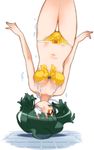  ahoge ass_visible_through_thighs bikini blush eyepatch green_hair headstand highres looking_at_viewer medium_hair navel official_art orange_eyes otomedius simple_background solo swimsuit thigh_gap tita_nium twintails underwater upside-down white_background yellow_bikini yoshizaki_mine 