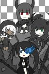  black_gold_saw black_hair black_rock_shooter black_rock_shooter_(character) blue_eyes claws dark_skin dead_master green_eyes hood pale_skin red_eyes str_(black_rock_shooter) strength_(black_rock_shooter) white_eyes white_hair 