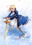  ahoge artoria_pendragon_(all) blonde_hair dress excalibur fate/stay_night fate_(series) green_eyes myp2 ribbon saber shouting solo sword weapon wind 
