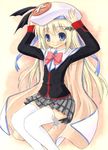  blonde_hair blue_eyes bow cape hat little_busters! long_hair mikan_2009 noumi_kudryavka pink_bow plaid plaid_skirt school_uniform skirt solo thighhighs 