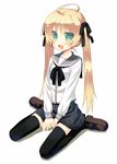  ahoge black_legwear blonde_hair fang full_body green_eyes hair_ribbon loafers meito_(maze) no_pupils open_mouth original ribbon school_uniform shoes sitting smile solo thighhighs twintails v_arms wariza zettai_ryouiki 