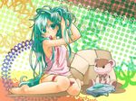  adjusting_hair aqua_eyes aqua_hair barefoot colored_eyelashes eyelashes hairdressing hatsune_miku highres junji legs long_hair mouth_hold ribbon sitting solo stuffed_animal stuffed_toy teddy_bear vocaloid wallpaper wariza 