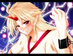  blonde_hair chain cuffs grin hands hazuki_kasane highres horn hoshiguma_yuugi letterboxed lightning long_hair pointy_ears red_eyes smile solo touhou 