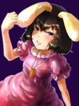 animal_ears brown_hair clenched_hand grin hands inaba_tewi lips nihimaru purple_background red_eyes smile solo touhou 