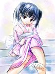  arm_support barefoot black_hair child copyright_request fan feet head_tilt japanese_clothes kimono paper_fan pink_kimono q-gaku red_eyes short_hair short_twintails sitting sitting_on_stairs smile solo stairs toe_scrunch twintails uchiwa yukata 