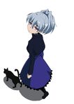  animal black_cat blue_dress cat darker_than_black date_(senpen) dress expressionless full_body long_sleeves mao_(darker_than_black) ponytail short_hair silver_hair simple_background solo walking white_background yin 