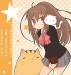  bow brown_hair cat doruji lennon little_busters! long_hair momoniku_(taretare-13) natsume_rin pink_bow ponytail red_eyes school_uniform 